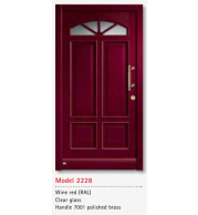 UNILUX Model 2228 Wine Red Door, Clear Glass, Polished Brass Handle, Triple Sealed, Secure Timber Entry
